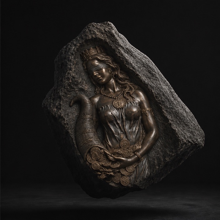 A bronze Fortuna sculpture with crown, blindfold and coins, carved within the matching rock.